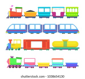 Set of different kids trains. Vector games for childrens. Toy train transportation, illustration of railroad wagon