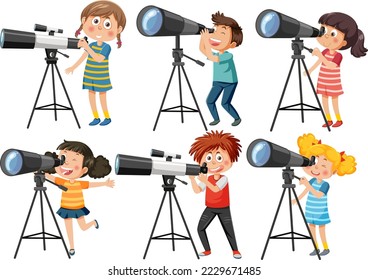 Set of different of kids using telescopes illustration