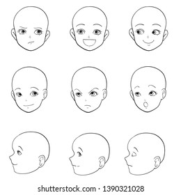 Set of different kids with various emotions, black and white
