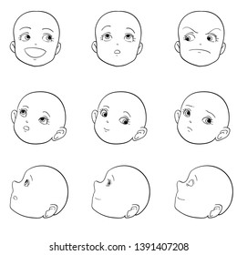 Set of different kids with various emotions, black and white