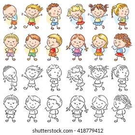 Set Of Different Kids With Various Emotions, Both Colorful And Black And White