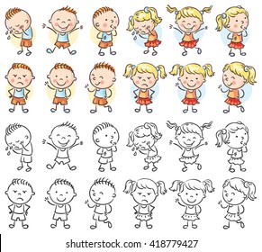 Set of different kids with various emotions, both colorful and black and white