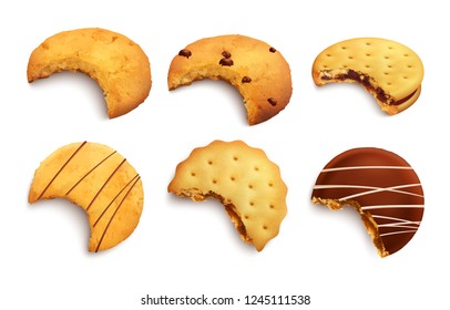 Set of different kind of bitten tasty cookies glazed with chocolate crumbs and jam layer isolated realistic vector illustration