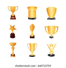 Set of different kind bronze and gold bowls. Winners cup. Golden trophy cup isolated on white background
