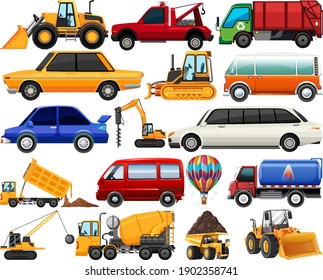 Set of different kind of cars and trucks isolated on white background illustration