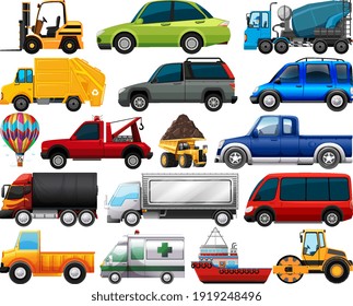 Set of different kind of cars and trucks isolated on white background illustration