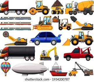 Set of different kind of cars and trucks isolated on white background illustration