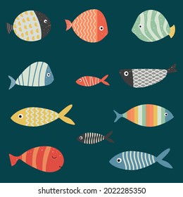 Set of different kind of colorful freshwater aquarium cute cartoon style fishes vector for pattern design, wallpaper, poster, decoration, fashion, wrapping paper, and for children education.