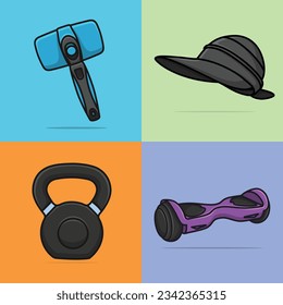 Set of different kind of elements vector illustration. Dual wheel self balancing, electric skateboard, grooming brush and exercise dumbbells vector illustration.
