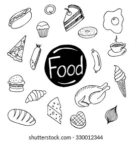 Set of different kind of food: hot dog, chicken, omelette, pie, donut,  coffee, wafer, cheese, pizza, burger, sausage, croissant, ice-cream and other. Hand drawn illustration. Vector.