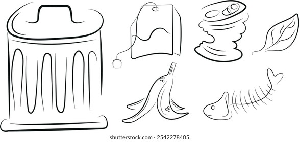 set of different kind of garbage, namely banana peel, tin can, fish backbone, tea bag drawn in black outline