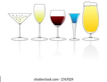 Set of different kind of glasses and drinks over white background