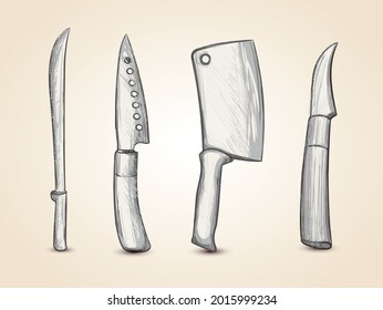 Set of different kind of Hand drawing knives isolated on simple background