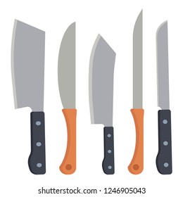 Set of different kind of knives isolated on white background. Kitchen knife in flat style, Utensils for cooking. Kitchenware vector illustration