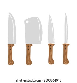 Conjunto de cuchillos diferentes aislados en fondo blanco. Cuchillo de cocina en estilo plano, utensilios para cocinar. Ilustración de vectores de cocina