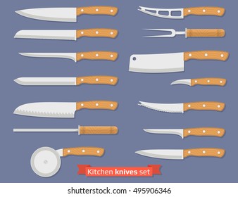 Set of different kind of knives. Kitchenware. Utensils for cooking.  Vector illustration