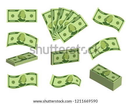 Set a different kind of money, banknotes. Flat vector cartoon money illustration isolated on a white background.