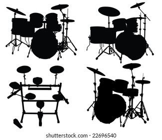 Set of Different Kind of Musical Drum Kits Silhouettes. High Detail, Very Smooth. Vector Illustration. 