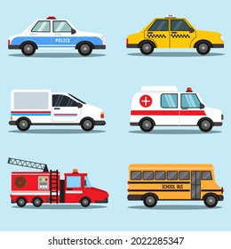 Set of different kind of public transportation vector such as police car, taxi, delivery van, ambulance, fire truck, and school bus. Collection of cartoon style transport vehicles illustration design.