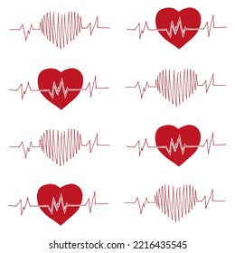 Set of different kind of red hearts. Pattern with heart with a cardiogram symbol, heartbreak. Collection with hearts icon for hospital, clinic and medical centre.