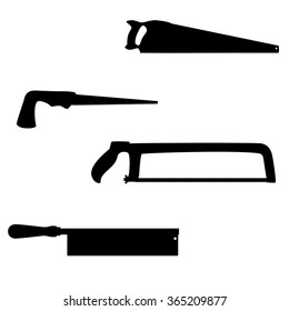 Set of different kind of saws (back, compass, hacksaw, handsaw). Illustration for web or typography (magazine, brochure, flyer, poster), EPS 10. Black silhouettes, white background.