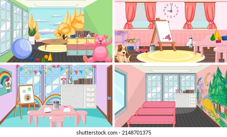 Set of different kindergarten classroom scenes illustration