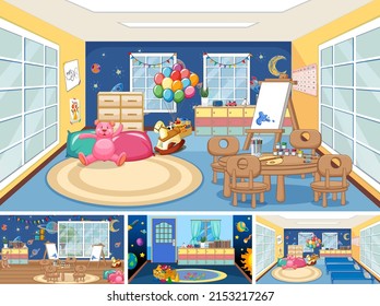 Set of different kindergarten classroom scenes illustration