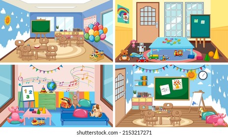 Set of different kindergarten classroom scenes illustration