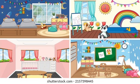 Set of different kindergarten classroom scenes illustration