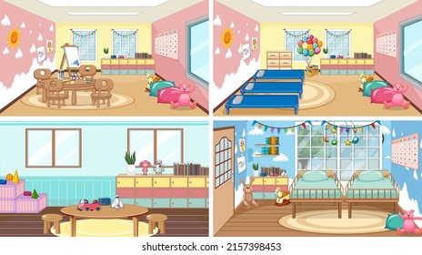 Set of different kindergarten classroom scenes illustration