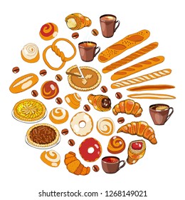 Set with different kinds of bakery, a cup of tea and coffee. Vector hand drawn illustration. Isolate objects on white. For your design, announcements, postcards, posters, restaurant menu