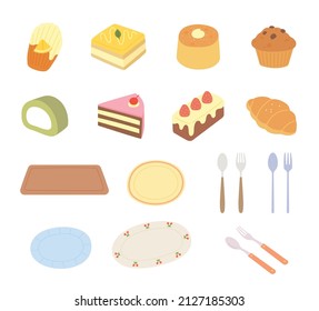 Set of different kinds of bakery desserts and plate fork. flat design style vector illustration.