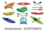 Set of different kinds of boats with oars in cartoon style. Vector illustration of boats and oars decorated with patterns: canoe, kayak, inflatable boat and rafting logo isolated on white background.