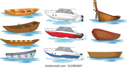 Set of different kinds of boats and ships isolated illustration