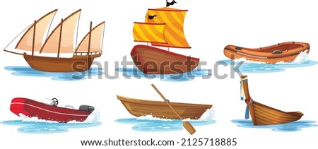 Set of different kinds of boats and ships isolated illustration