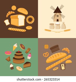 Set of different kinds of bread, sweet pastries and bakery products. Baking bread, croissants, cupcakes, donuts, baton, cookies, buns, pretzel, cake, pies and flour products from bakery or pastry shop