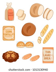 Set of different kinds of bread vector colored illustration 