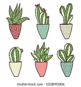 Set of different kinds of cactuses in flower pots. Sketchy vector pattern.