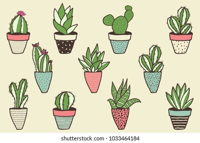 Set of different kinds of cactuses in flower pots. Sketchy vector pattern.