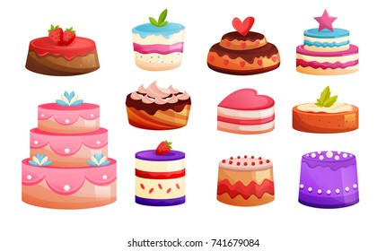Set of different kinds of cakes, with different texture, ornaments, fillings, candles and fruits. Sweet baked desserts. Delicious food. Vector illustration isolated.