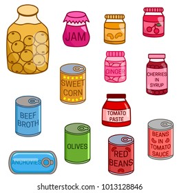 Set of different kinds of canned goods vector colored illustration 