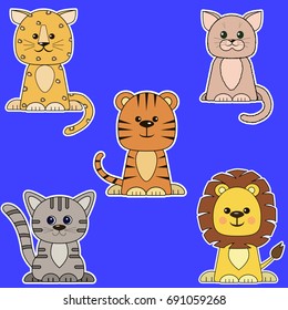 A set of different kinds of cats in the form of stickers in a white stroke on a blue background.