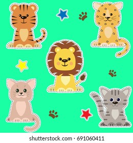 Set of different kinds of cats shaped stickers in a white stroke with dotted lines on a green background.