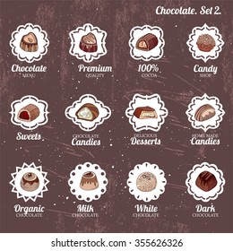 Set with different kinds of chocolate candies - milk,dark,white chocolate. Vintage style.  For your design, announcements, cards, posters, restaurant menu.