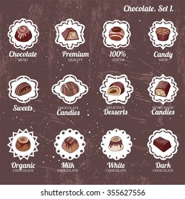 Set with different kinds of chocolate candies - milk,dark,white chocolate. Vintage style.  For your design, announcements, cards, posters, restaurant menu.