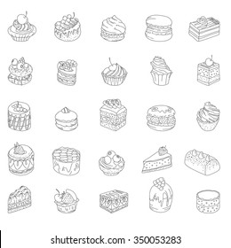  Set with different kinds of dessert: cake, muffin, macaroon, pie. Contour, outline, monochrome. For your design, announcements, postcards, posters, restaurant menu.