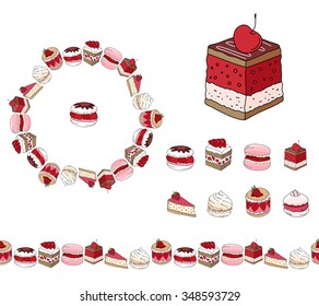 Set with different kinds of dessert. Round frame,garland and objects on white. For your design, announcements, postcards, posters, restaurant menu.