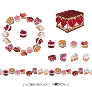 Set with different kinds of dessert. Round frame,garland and objects on white. For your design, announcements, postcards, posters, restaurant menu.