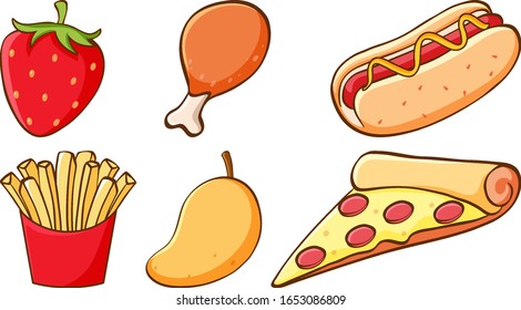 Set of different kinds of food and fruits illustration