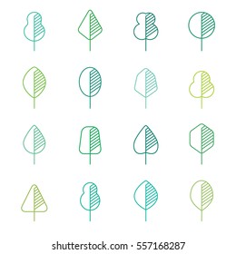 Set of different kinds of forest trees geometric linear icons